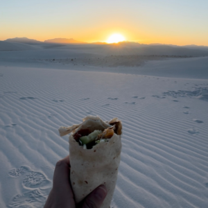 eating dinner while watching the sunset at white sands national park